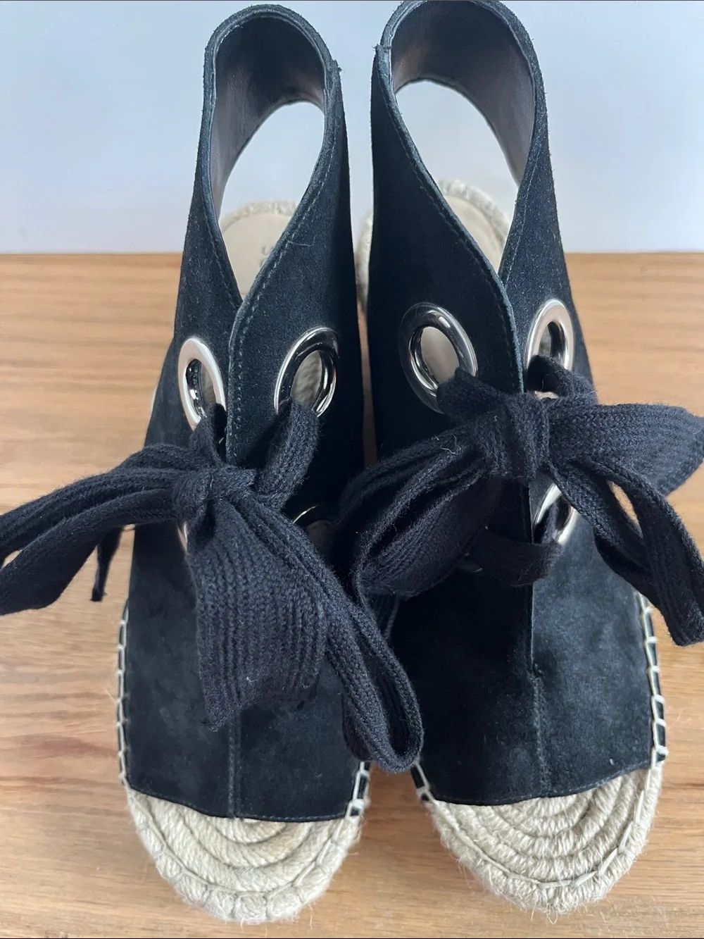 Sole Society Black Suede Espadrille Wedge Sandals with Tie Detail